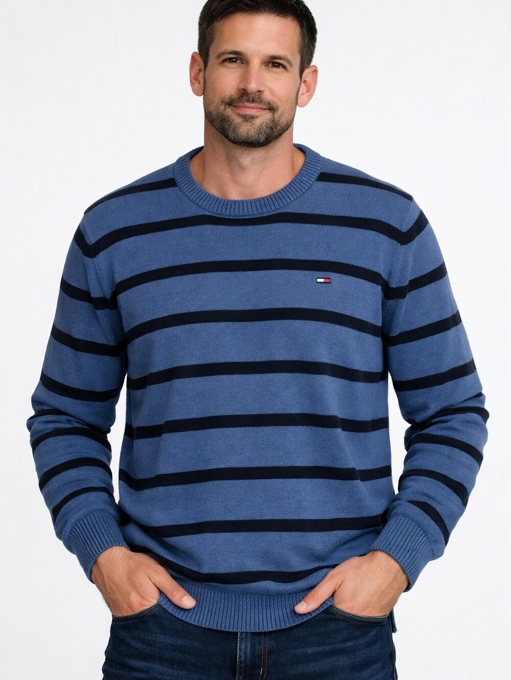 Tommy Hilfiger Knit Sweater Mens XL Striped Blue Long Sleeve Fall NWT Cotton